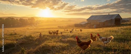 A serene farm scene at sunrise with chickens and a barn.