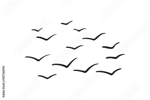 Birds flying line in the sky set. Ink grunge flock of birds afar brush hand drawn. markers and crayons
