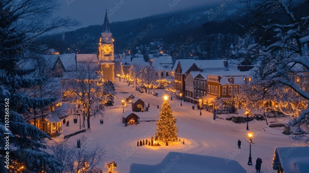 Obraz premium A snowy town square illuminated by glittering holiday lights and a glowing nativity scene centerpiece