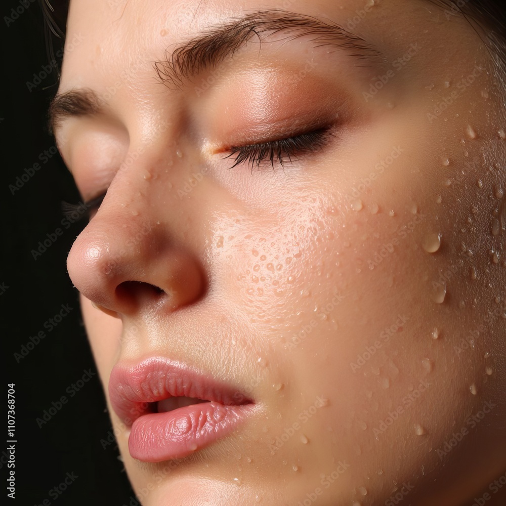 Naklejka premium Close-up of a woman's face with water droplets on skin, showcasing natural beauty and texture against a dark background
