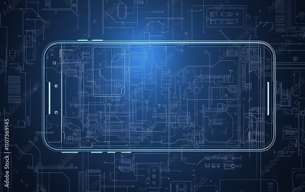 Obraz premium A sophisticated blueprint of a smartphone on a circuit board, with intricate details and sharp lines, representing cuttingedge design and technical precision