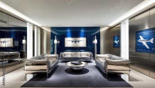 Wallpaper Mural A modern lounge featuring sleek furniture, a blue accent wall, and aviation-themed artwork, creating a stylish and inviting atmosphere. Torontodigital.ca