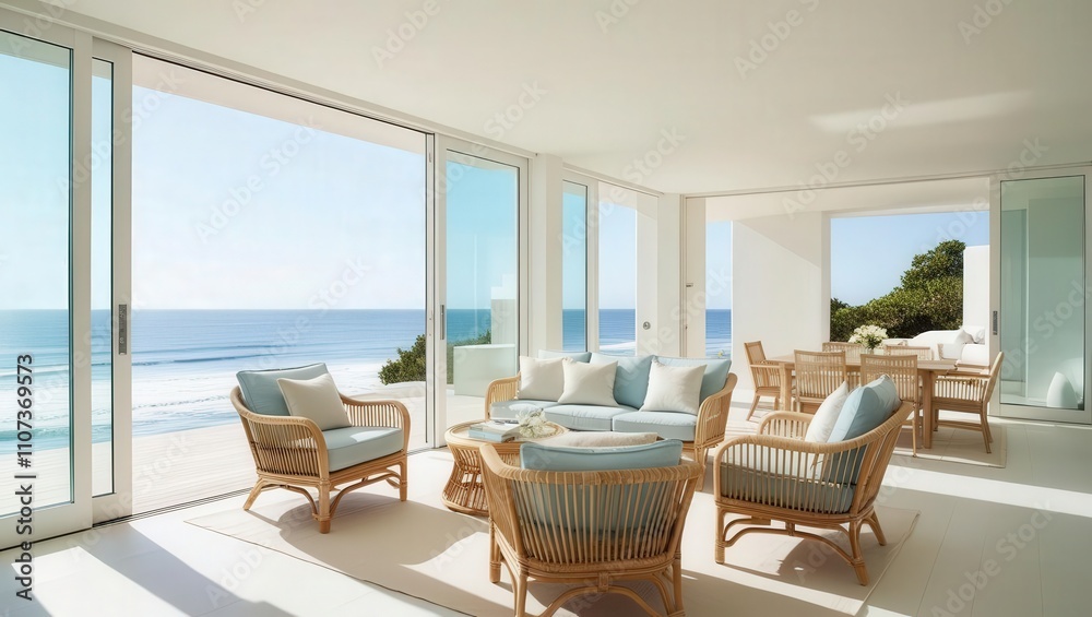 Fototapeta premium A bright, airy living area with coastal views, featuring rattan furniture and large glass windows that open to the sea.