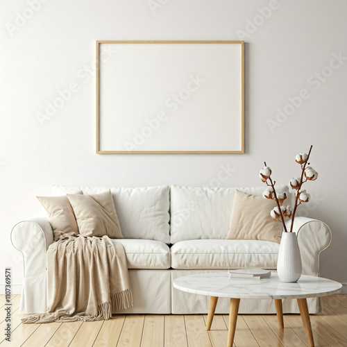 A large, black-framed picture hangs on a white wall, providing a blank canvas for potential artwork photo