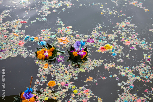 Waste in water after Loy Krathong Festival photo