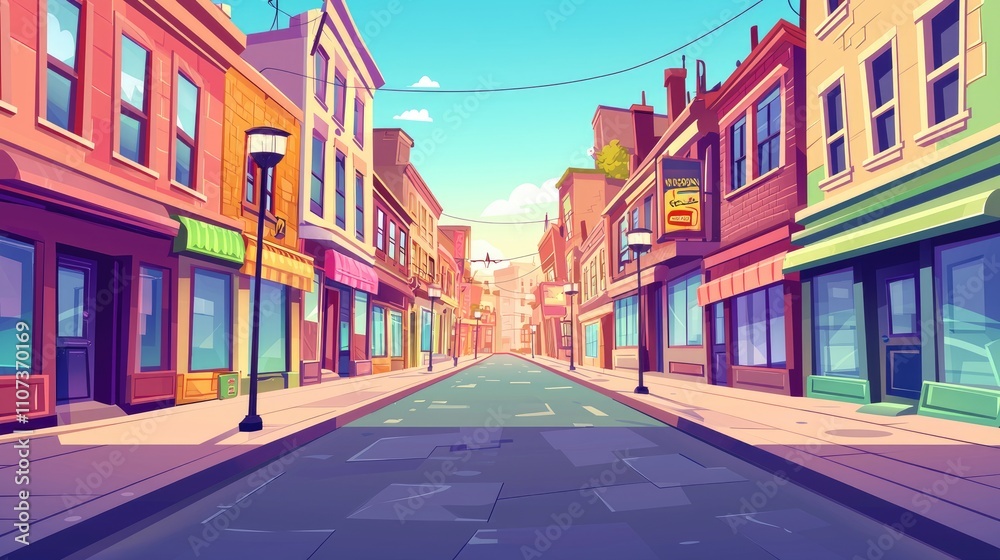 A Colorful, Cartoon-Style City Street with Shops and Streetlights