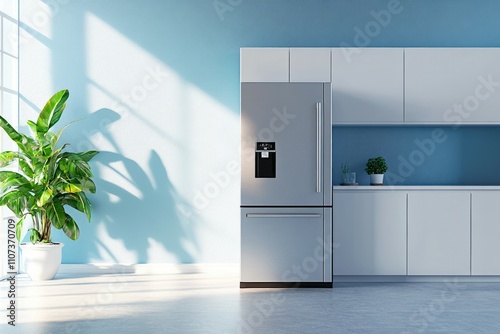 Luxury double-door refrigerator in a blue-walled kitchen