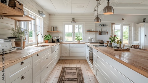 The photo showcases a Scandinavian-inspired kitchen with natural wooden countertops, white cabinetry, and oversized pendant lighting, Photography, Nordic Design Style, warm and cozy ambiance, natural