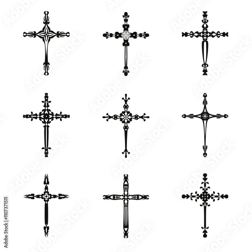 Christian cross vector icon symbols.  Abstract christian religious belief or faith art illustration for orthodox or catholic design. The symbol of the cross in various designs used in tattoo.	