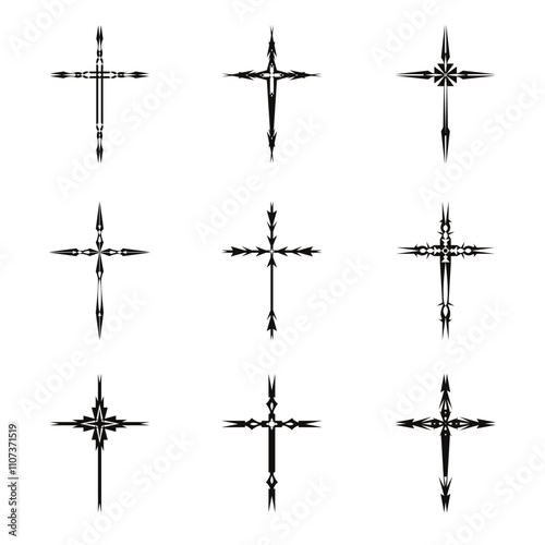 Christian cross vector icon symbols.  Abstract christian religious belief or faith art illustration for orthodox or catholic design. The symbol of the cross in various designs used in tattoo.	