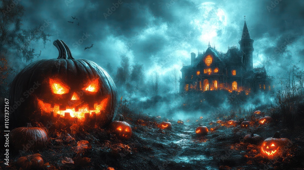 Glowing jack-o'-lanterns illuminate a spooky path leading to a haunted mansion under a full moon. Glowing jack-o'-lanterns illuminate a spooky path leading to a haunted mansion under a full moon.