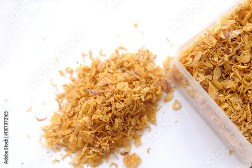 fried shallots on white background