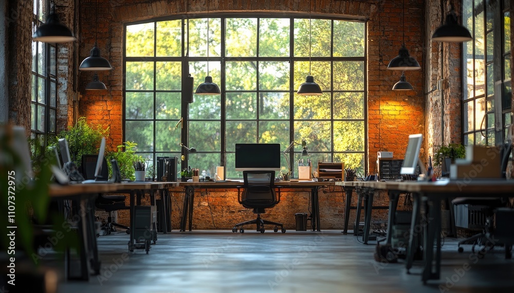 Fototapeta premium Modern office, brick wall, large window