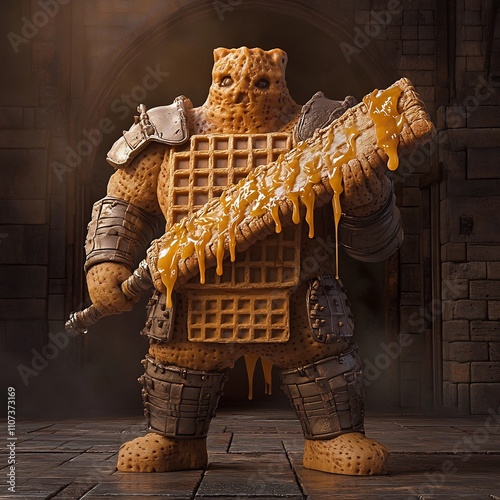 Mighty Ceramic Warrior Guardian Brandishing Waffle Iron Weapon in Fantastical Realm