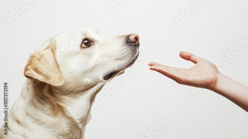 dog awaiting reward, cream colored pet profile, focused expression, natural wrinkles and texture, reaching hand detail, stark white backdrop, high contrast lighting, modern pet photography style photo