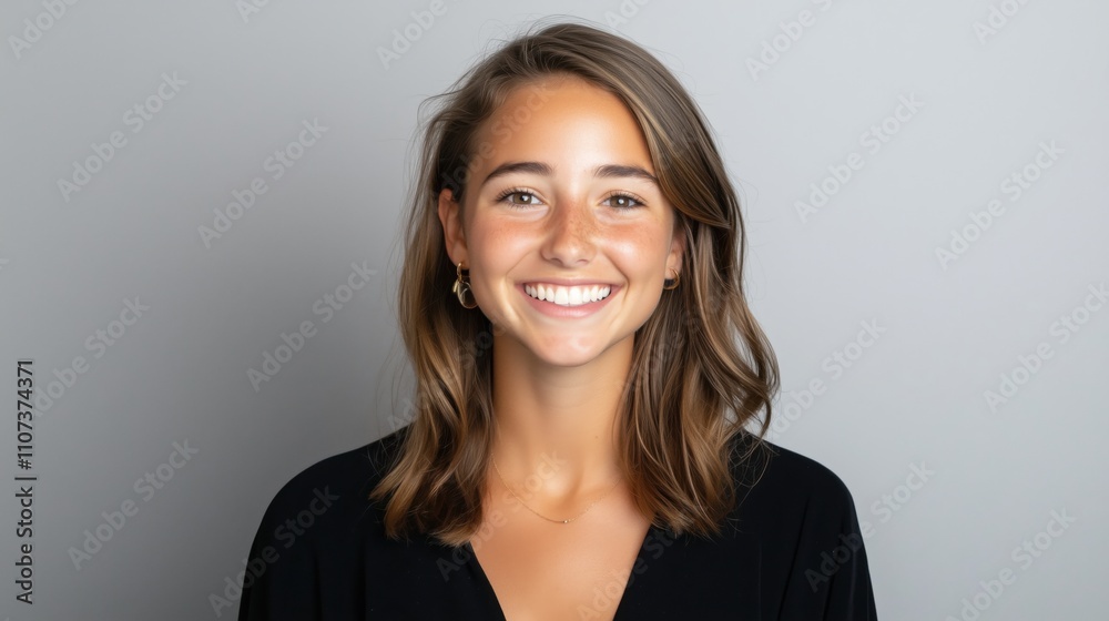 Obraz premium Smiling young caucasian female against gray background