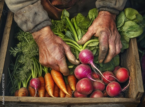 Vegetable farmer arranging freshly picked produce into a crate on an organic farm. Self-sustainable female farmer gathering a variety of fresh vegetables in her garden during harvest season. photo