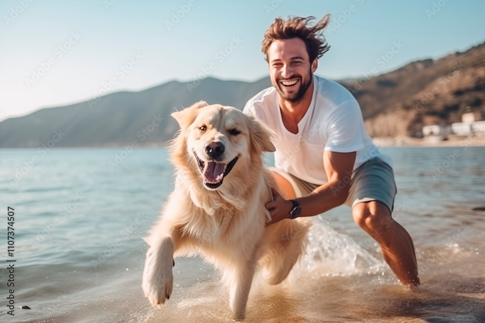 Man playing and having fun with dog on seaside Man playing and having fun with dog on seaside
