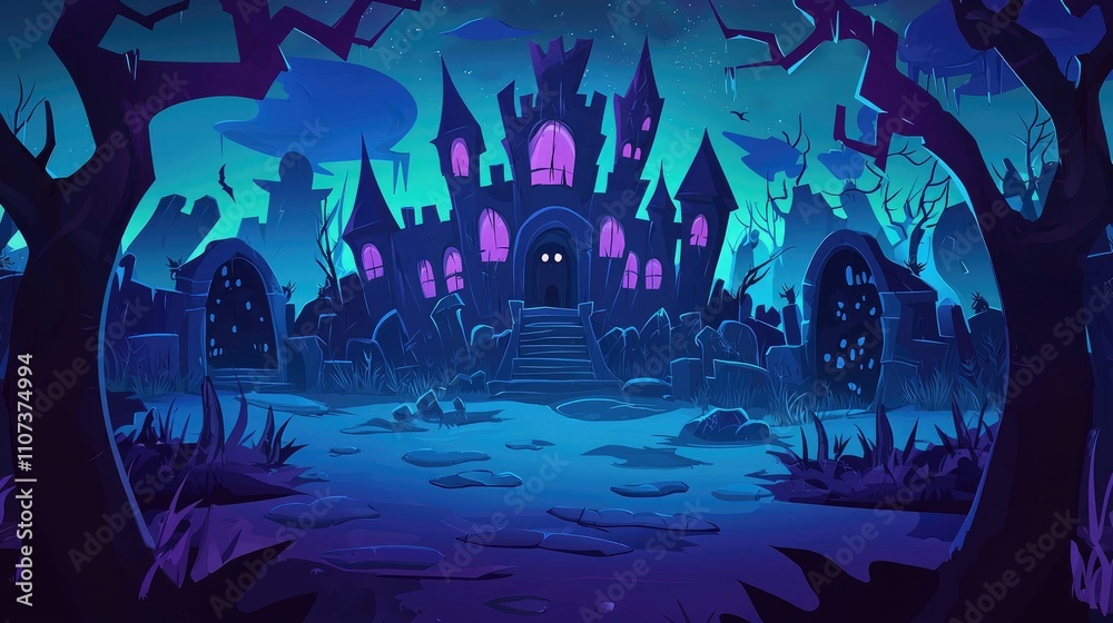 A spooky, cartoon-style haunted mansion with a graveyard and bats flying overhead, at night.