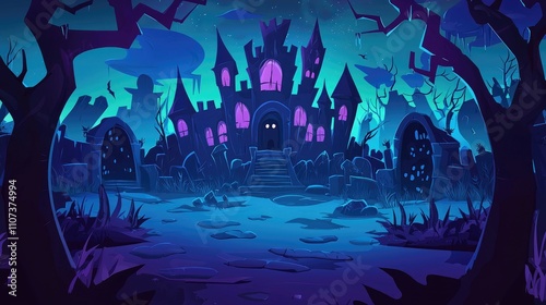 Obraz na płótnie A spooky, cartoon-style haunted mansion with a graveyard and bats flying overhead, at night. w salonie
