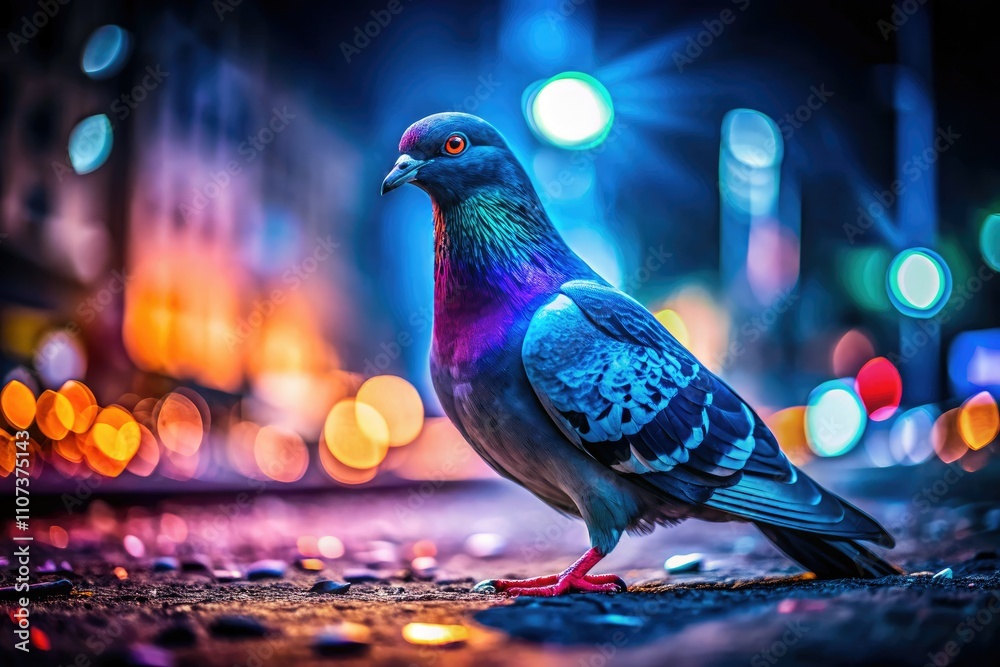 Obraz premium Night Pigeon Photography: Selective Focus, Ground Bird, Urban Wildlife, Dark Cityscape, Low Light, Nocturnal Bird, Bird Silhouette