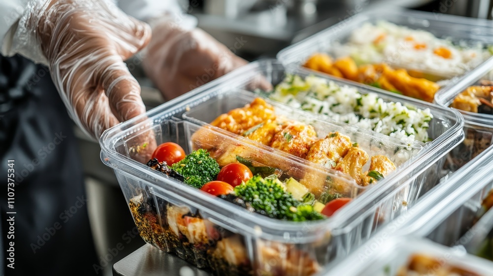 detailed view of healthy bento box preparation, casual restaurant uniform, transparent lid container, clean white interior, professional food service photography, lifestyle commercial shot