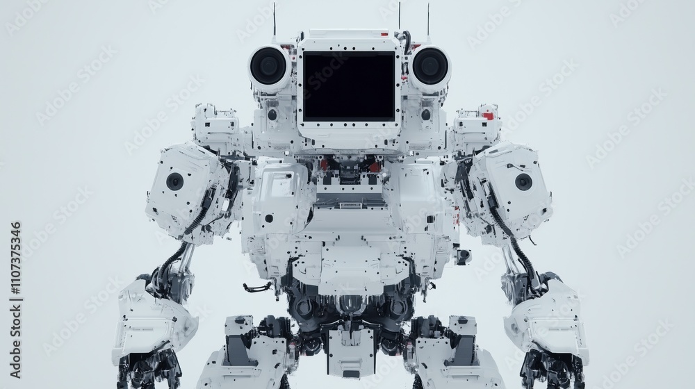 Naklejka premium Advanced white robot with mechanical features and central display