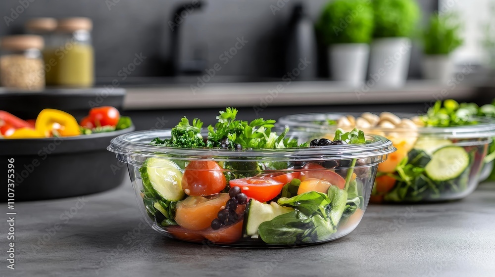 artfully arranged mediterranean bowl in eco-friendly container, food service professional presentation, modern kitchen environment, neutral tones, fresh ingredients display, high-end culinary artfully arranged mediterranean bowl in eco-friendly container, food service professional presentation, modern kitchen environment, neutral tones, fresh ingredients display, high-end culinary