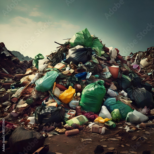 pile of garbage bags and waste in a landfill under cloudy sky

