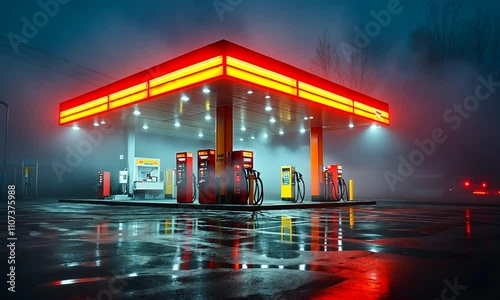 A gas station illuminated in foggy night with reflective surfaces.