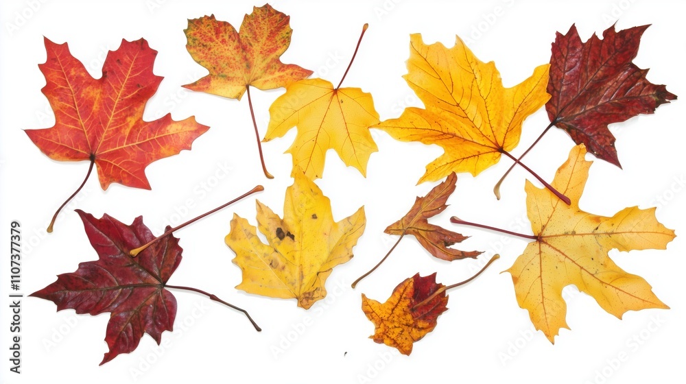 Obraz premium Colorful autumn leaves on white background showcasing fall diversity