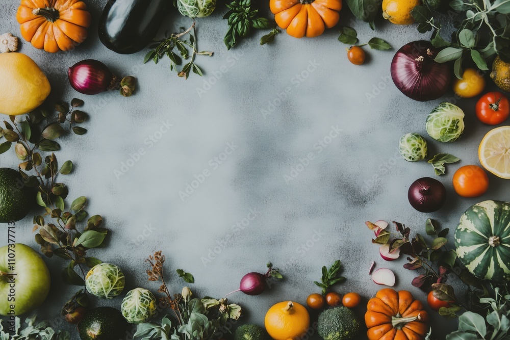 Obraz premium Colorful assortment of fresh vegetables and fruits on gray background