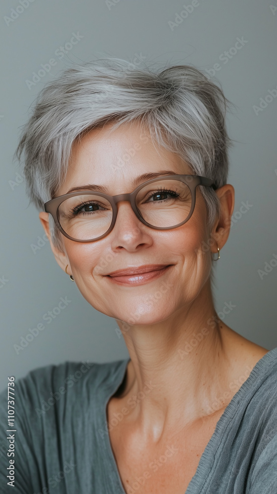 Closeup portrait of a smiling woman with short, silver pixie haircut and stylish brown glasses. Shes wearing a grey top, exuding confidence and natural beauty Closeup portrait of a smiling woman with short, silver pixie haircut and stylish brown glasses. Shes wearing a grey top, exuding confidence and natural beauty