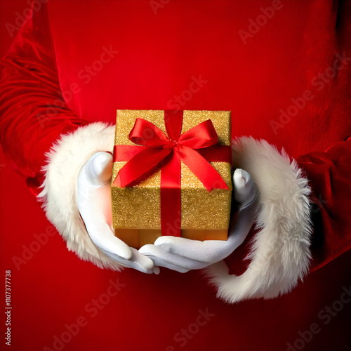 Festive Christmas Gift Box with Red Ribbon in Santa's Hands on Red Background