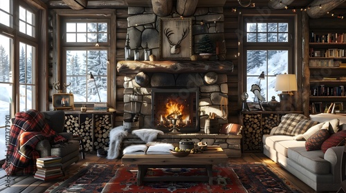 The photo showcases a rustic mountain lodge living room with a stone fireplace and vintage furniture, Photography, Country Living Style, rugged charm, warm tones, and natural finishes, photorealistic