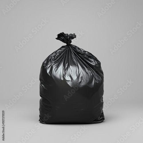 Large black garbage bag on gray background