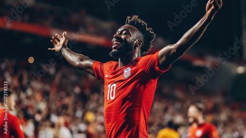 African male soccer player celebrates goal in red jersey at stadium