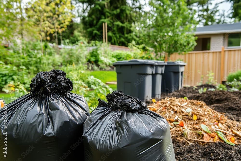 Backyard composting setup with black bags and bins in a lush garden Backyard composting setup with black bags and bins in a lush garden