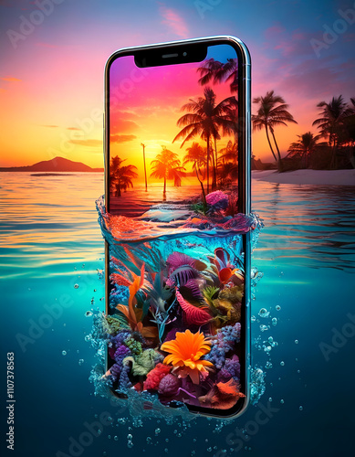 smartphone showcasing camera quality and waterproof feature with waterfall background