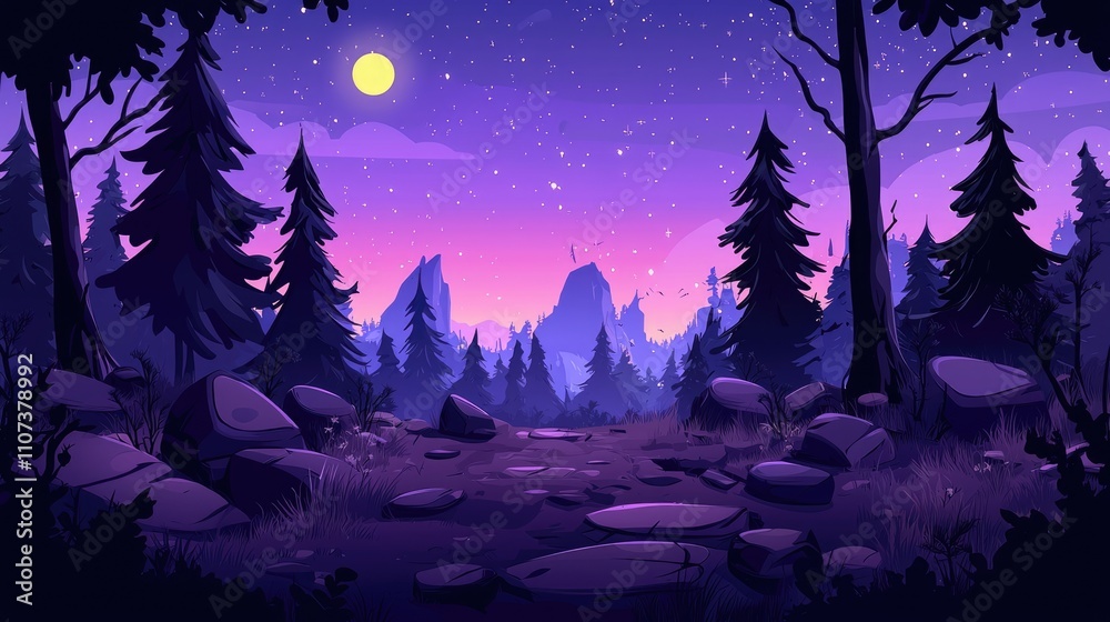 Fototapeta premium A Moonlit Forest Path with Silhouetted Trees and Mountains in the Distance