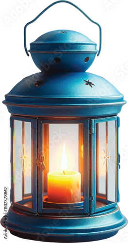 realistic blue color Vintage Lantern With Warm Candle Light