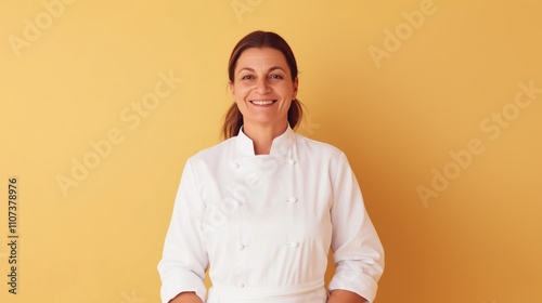 Smiling caucasian female chef in white uniform against yellow background
