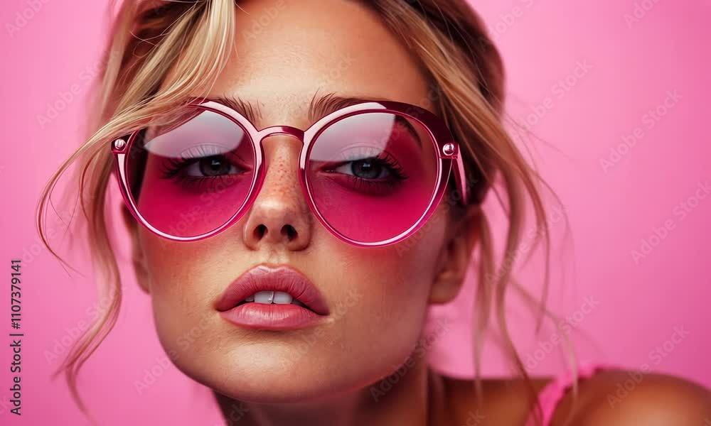 Young woman with pink sunglasses against a vibrant pink background. Young woman with pink sunglasses against a vibrant pink background.