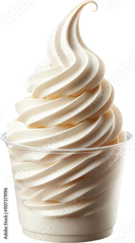 swirl of creamy vanilla soft serve ice cream in plastic cup