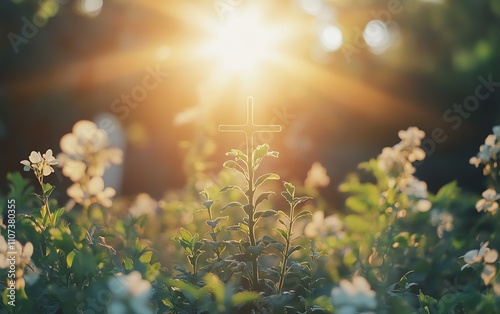 A flourishing crossshaped plant rising from fertile ground, kissed by sunlight beams, a perfect symbol of growth and hope photo