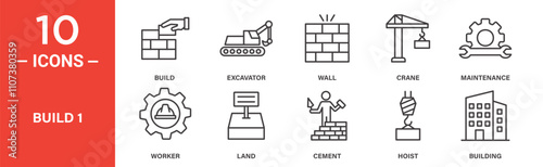 A set of 10 minimalist line icons related to construction and building, featuring build, excavator, wall, crane, maintenance, worker, land, cement, hoist, and building.