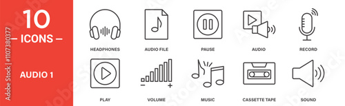 A set of 10 minimalist line icons related to audio, featuring headphones, audio file, pause, play, record, volume, music, cassette tape, and sound. photo