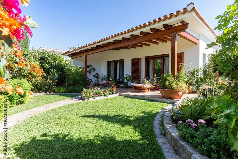 picture showing the beautiful front yard of a house with wooden beams on its porch. picture showing the beautiful front yard of a house with wooden beams on its porch.