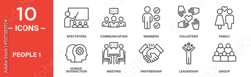 Icons showcasing spectators, communication, members, volunteering, family, human interaction, meetings, partnerships, leadership, and group dynamics in social and organizational settings.