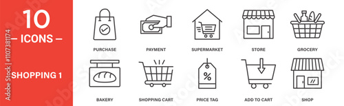 A detailed set of shopping-related icons featuring purchases, payment, supermarkets, groceries, bakeries, and carts, ideal for retail and online commerce themes.